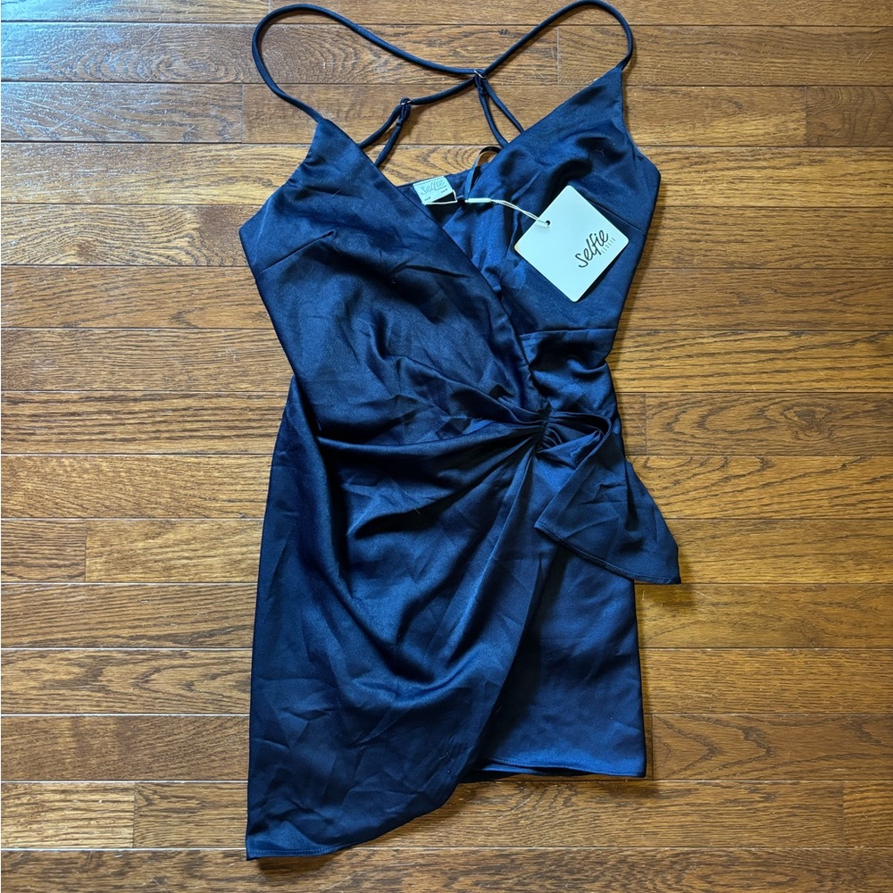 Selfie Leslie Navy Asymmetrical Ruched Wrap Mini Dress